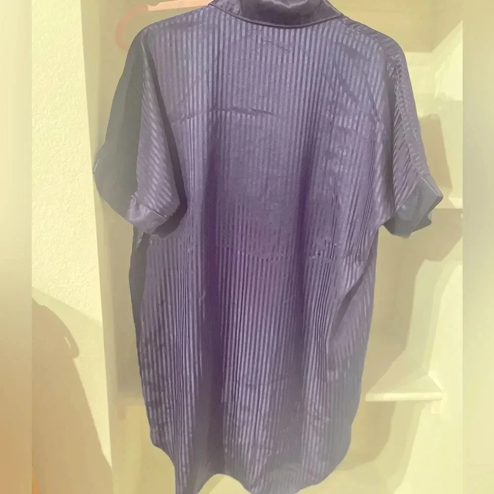 SATIN BLUE JACQUARD SEMI SHEER OVERSIZED BUTTON UP COLLARED SLEEP SHIRT SIZE S - Picture 14 of 16